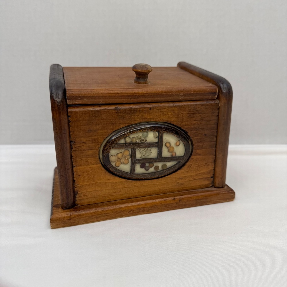 Vintage Handmade Wooden Recipe Box with Dried Seed Inlay Oval Window Rustic
